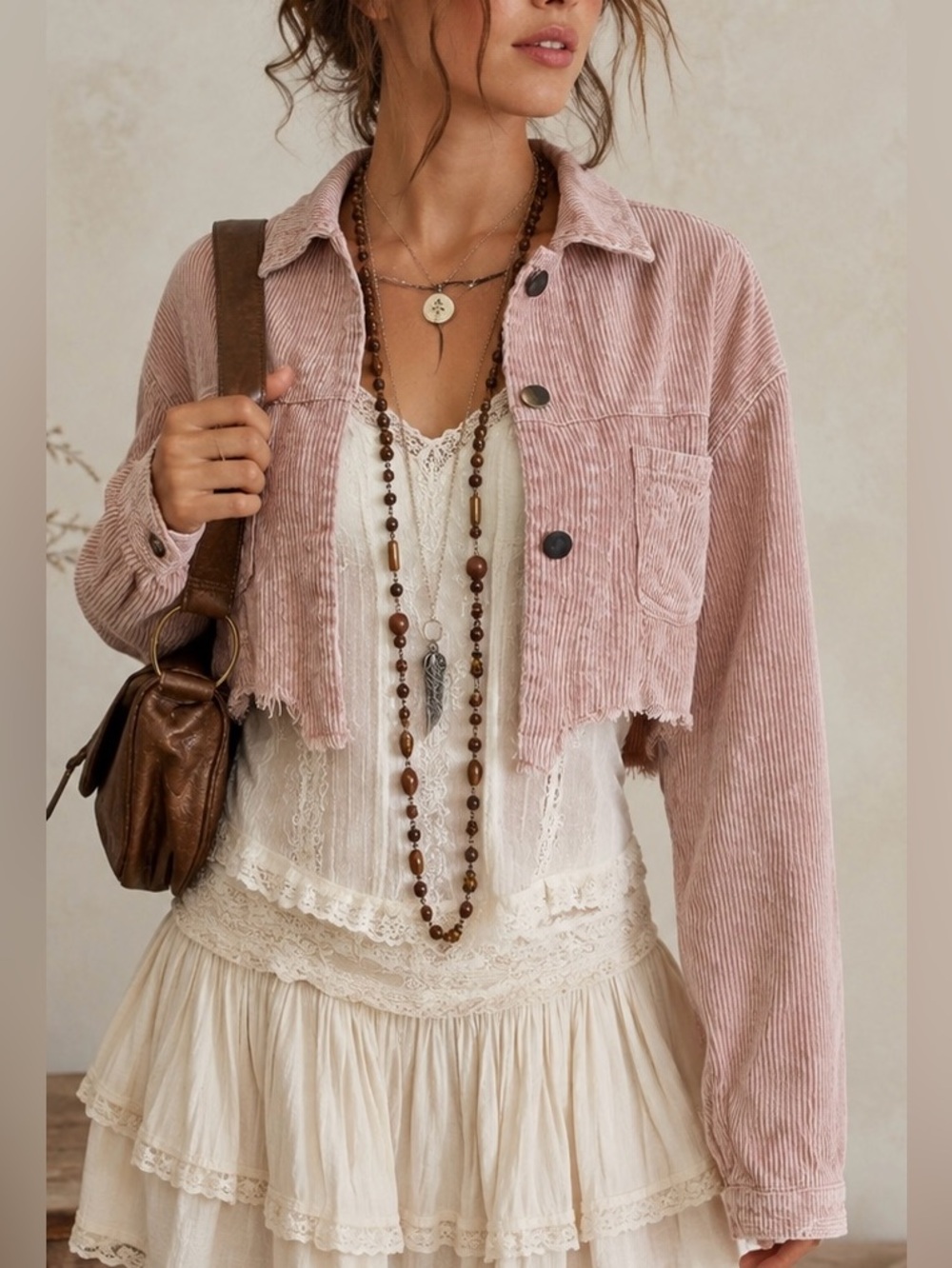 POL Blush Pink Cropped Corduroy Jacket Boho Cottagecore Raw Hem | Small